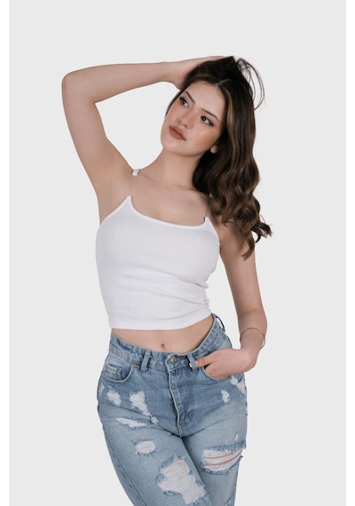 Simala Kadın Şeffaf Askılı Beyaz Kaşkorse Yazlık Şık Body Crop Beyaz