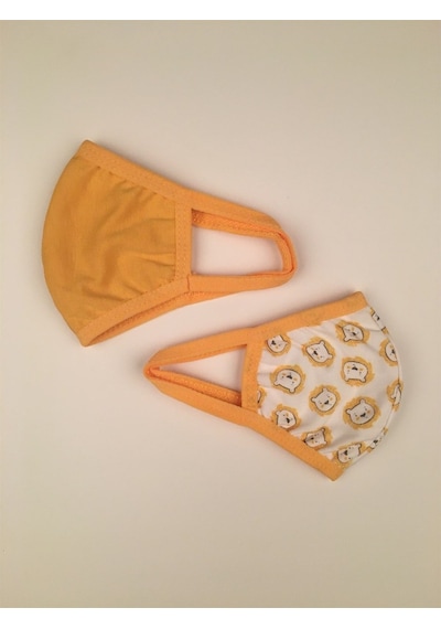 Lindobaby Bibaby Organik Maske 2Li Aslanlı Beyaz - Hardal