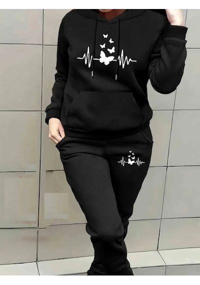 Heart Rhytym Love Baskılı Kapüşonlu Sweatshirt Ve Eşofman Altı Eşofman Takımı Siyah Heart Rhytym Love Baskılı Kapüşonlu Sweatshirt Ve Eşofman Altı Eşofman Takımı Siyah