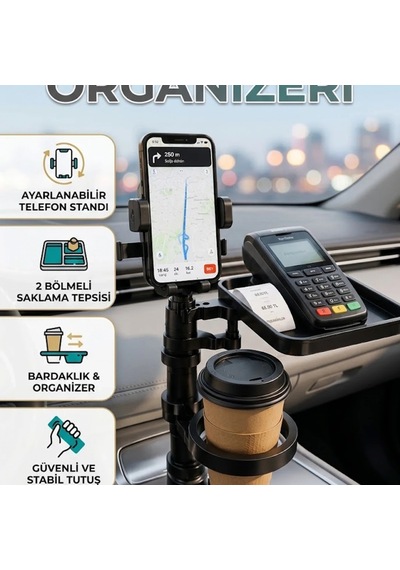 Telefon Tutuculu Araç Bardaklık Organizeri Ayarlanabilir Telefon Standı Ve 2 Bölmeli Saklama Tepsisi