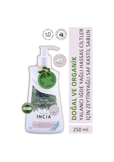 INCIA %100 Doğal Sıvı Kastil Sabunu Hassas Ciltler İçin Zeytinyağlı 10 Bitkisel Değerli Yağ Vegan 250 ML