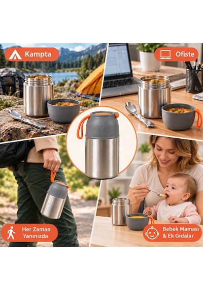 Master 450 Ml Çelik Yemek Termosu 304 Paslanmaz Çelik Sıcak Soğuk Yemek Ve Mama Kabı, Kaşıklı, Taşıma Kulplu-496 Gümüş