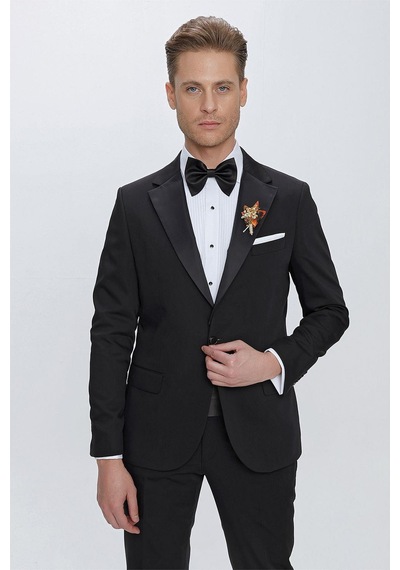 Efor Black 061 Slim Fit Çıkarılabilir Saten Yaka Siyah Damatlık Smokin Takım Siyah