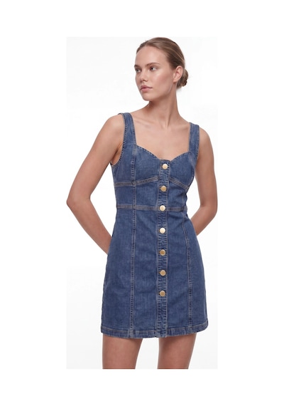 CEMO Kadın Jean Mini Elbise Askılı Düğmeli Denim Elbise Mavi