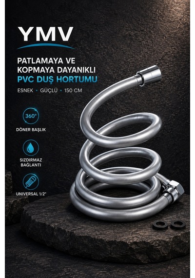 Ymv Gri Pvc Duş Hortumu 150 Cm Esnek Pürüzsüz Banyo Duş Başlığı Hortumu Duş Spirali