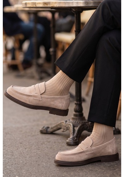 Shoetyle - Hakiki Süet Deri Bej Rengi Erkek Loafer - 250-1975 -1541