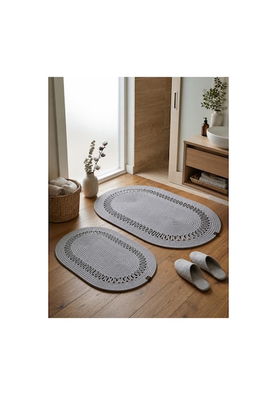 Oval Örgü Desenli 2'li Gri Hasır Dekoratif Paspas Set 40x60 / 50x80 Gri Gri
