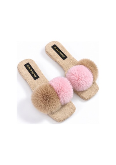 Dabab Shoes Pomella Kadın Bej Çift Ponponlu Peluş Bantlı Kaymaz Tabanlı Önü Açık Ev Terliği