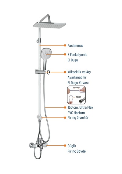 Adell Mode S Rain Duş Sistemi + Lento Banyo Bataryası 2 Parça Set Parlak Krom Krom