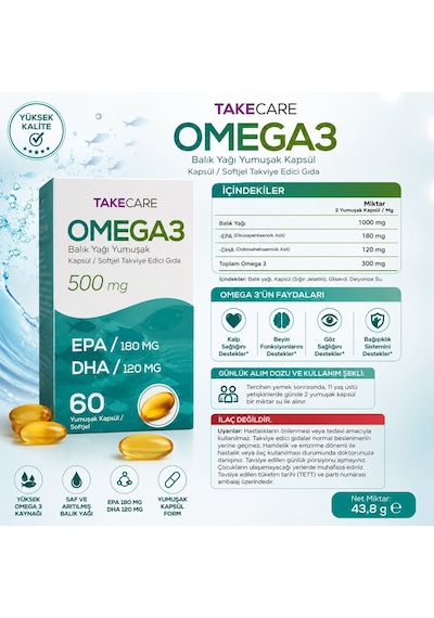 Takecare Omega 3 Balık Yağı 500 Mg 60 Softjel