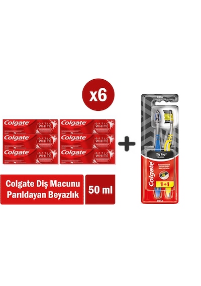 Colgate Optic White Parıldayan Beyazlık 50 Ml X 6 Adet + Zig Zag Charcoal 1+1 Orta Sert Diş Fırçası Beyazlık