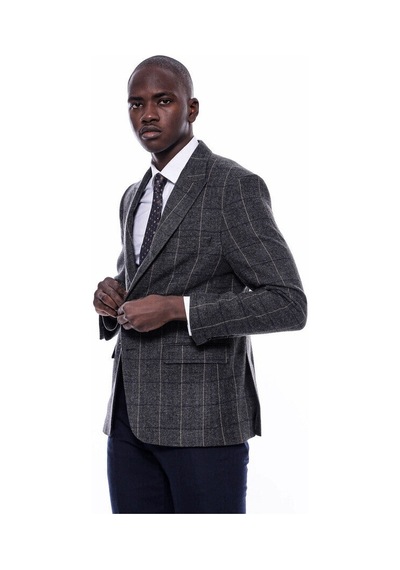 Wessi Ekose Sivri Yaka Slim Fit Füme Erkek Ceket - Wessi Füme