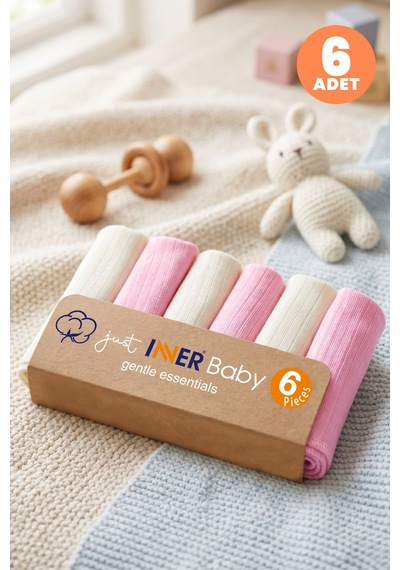 Just Inner Kız Bebek 6'lı %100 Pamuk Ağız Mendili Düz Renk Dokulu Kutulu Set Nefes Alan Doku 682201 Pembe