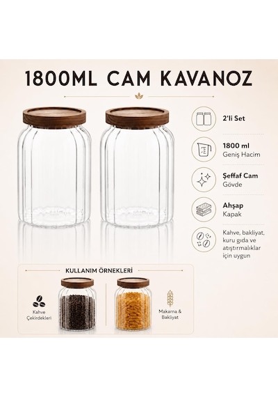 2'li 1800 Ml Ahşap Kapaklı Cam Kavanoz Seti, Çizgili Şeffaf Erzak Saklama Kabı, Kahve Makarna Bakliyat Kuruyemiş V Genel