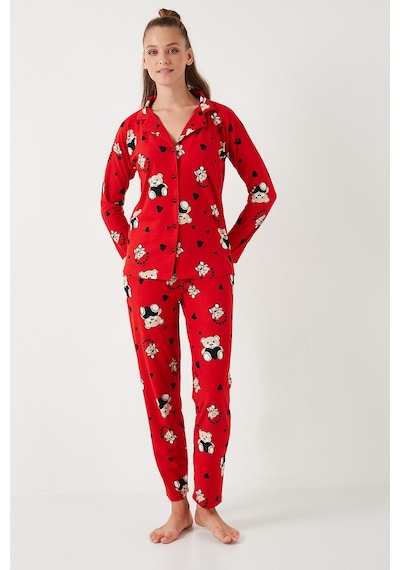 Lela Streç Standart Fit Desenli Bayan Pijama Takımı 60956602 Kırmızı