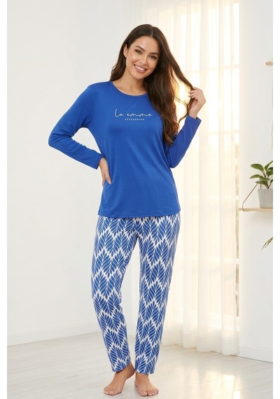 Aura Collections Kadın Desenli Bambu Viskon Uzun Kollu Soft Örme Mevsimlik Pijama Takımı Mavi