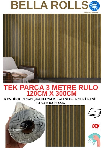 120cmx300cm Tek Parça Yapışkanlı Rulo Gold Çizgili Düz Parlak Duvar Paneli Kağıdı Taksim Qm0133