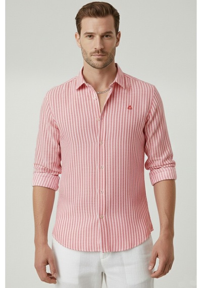 Rizzup Kırmızı Slim Fit Çizgili %100 Pamuk Erkek Gömlek Nefes Alan Şık Günlük Gömlek 2602626