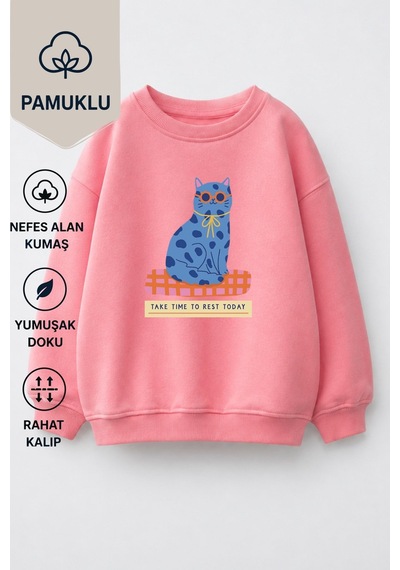 Monila Kız Çocuk 3 İplik Kumaş Pamuklu Kedi Baskılı Sweatshirt Pembe