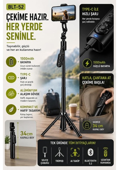 Tr Selfie Çubuğu Ve Tripod Aı Akıllı Takip Özellikli, 183 Cm Uzayabilir, 360 Yüz Ve Vücut Takibi, Bluetooth 5.2 Genel