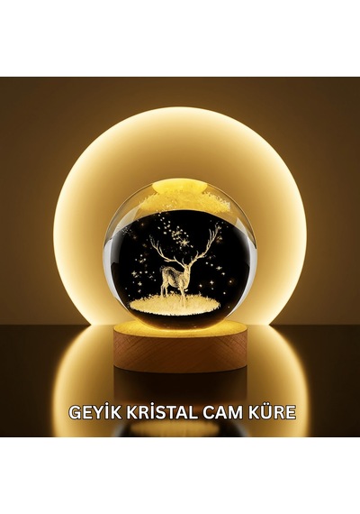 Lexroo Doğal Ahşap Standlı Geyik Figürlü Kristal Küre Led Dekorat