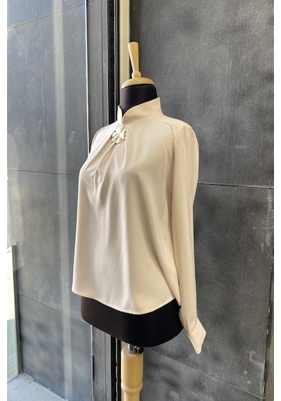 Pera Moda Gold Broş Detaylı Şık Bluz Gömlek Taş