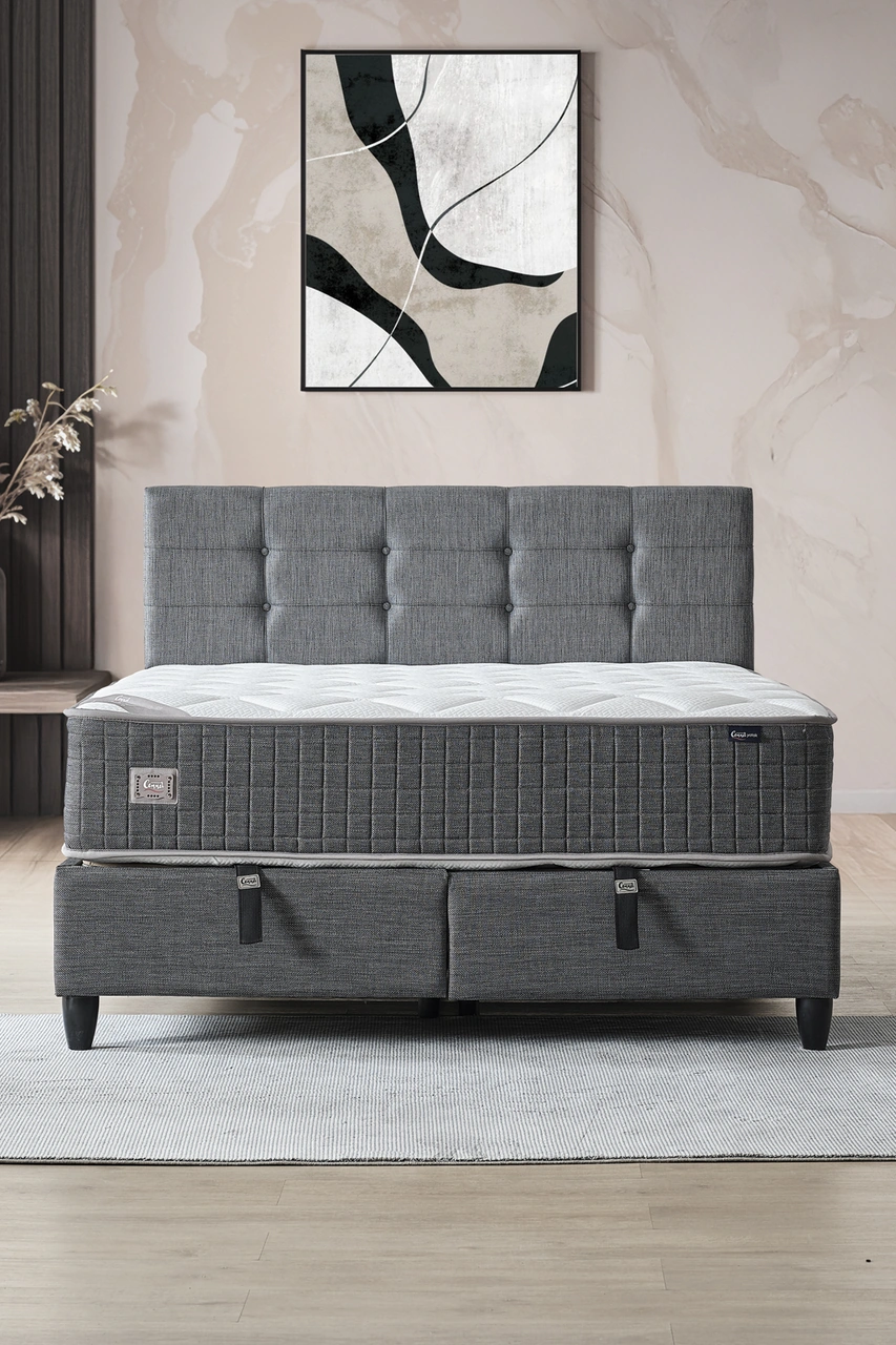 Mimoza Modeli Çift Kişilik Full Ortopedik Yataklı Sandıklı Baza Ve Başlık Takımı 3 Lü Set 160 x 200