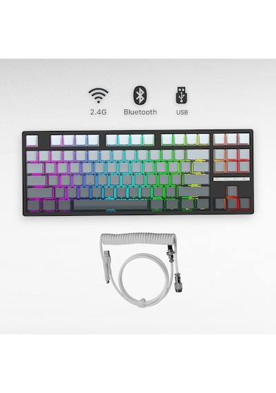 K88 Mekanik Oyun Klavyesi- 3 Modlu Hot Swap Rgb 4000 Mah Batarya + Gri Renk Coiled Klavye Kablosu