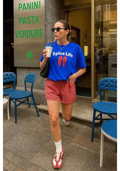 Space Life Baskılı Unisex Tshırt Saks Mavisi