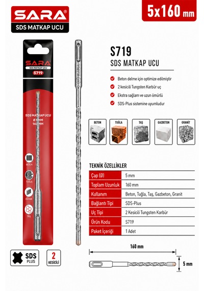 Sara S-719 Sds Plus Matkap Ucu 5 X 160 Mm, 2 Kesicili, Tungsten Karbür Uçlu