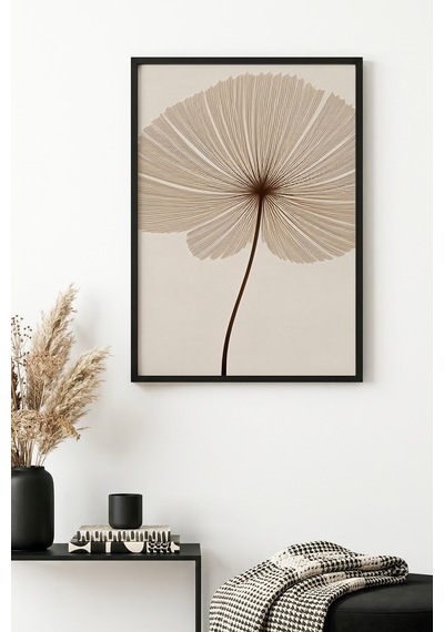 Doğal Ahşap Çerçeveli Minimal Yaprak Desenli Tablo - Pastel Huhu1321