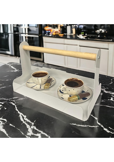 Ahşap Saplı Beyaz 30x17cm Metal Servis, Sunum, Dekoratif Tepsi Çok Renkli