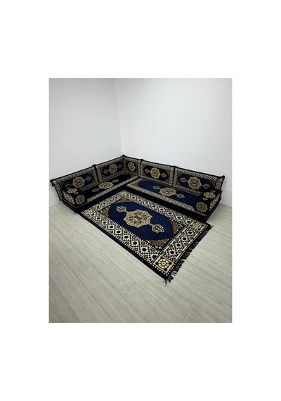 Güneş Modeli Lacivert Otantik Şark Köşesi Takımı L Set - Geleneksel Yer Minderi Seti 10 Cm Minder Kalınlığı 10 Parça