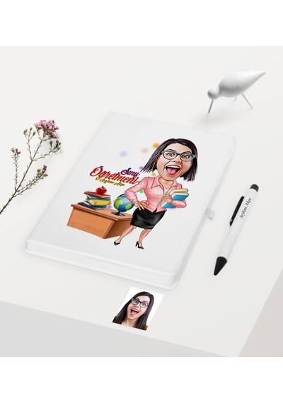 Kişiye Özel Bayan Öğretmen Temalı Karikatürlü Beyaz Defter Kalem N11.1066