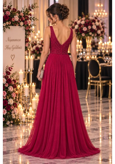Gül&can Butik Kırmızı Taş İşlemeli Abiye Elbise Kırmızı