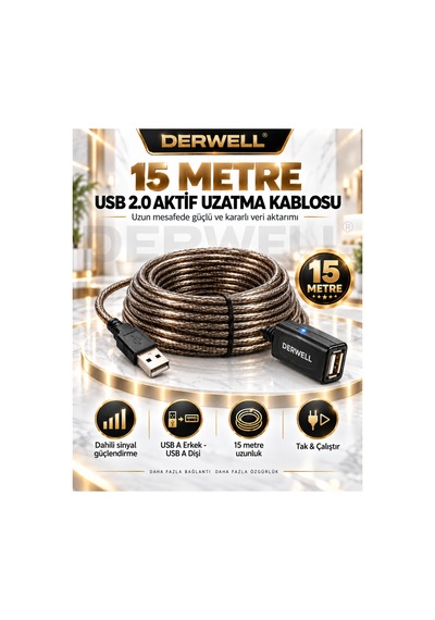 Yeni 2026 15 Metre Usb 2.0 Aktif Uzatma Kablosu Dahili Güçlendirilmiş Sinyal Çipli Kopma Donma Yapmaz Tak Çalıştır Erkek Dişi Yüksek Hızlı Kararlı Veri Aktarım Kablosu Gold Seri Premium