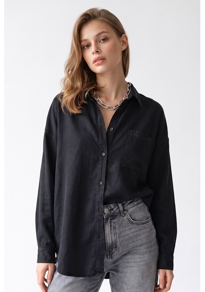 Mixray 4963 Kadın Tencel Kumaş Oversize Cepli Uzun Kollu Gömlek Siyah