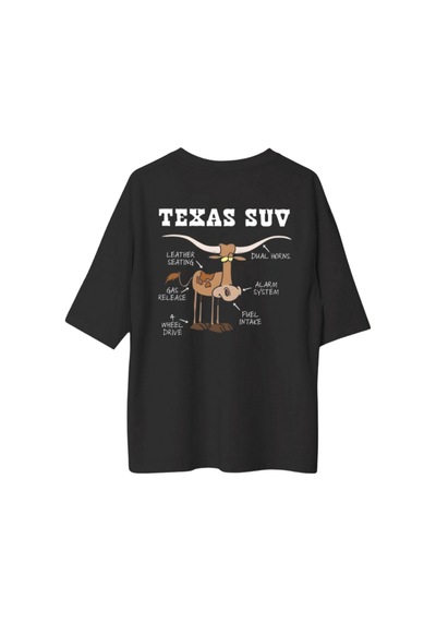 Qmen Style Unisex Siyah Oversize Baskılı T-shirt Texas Suv %100 Pamuk Beyaz