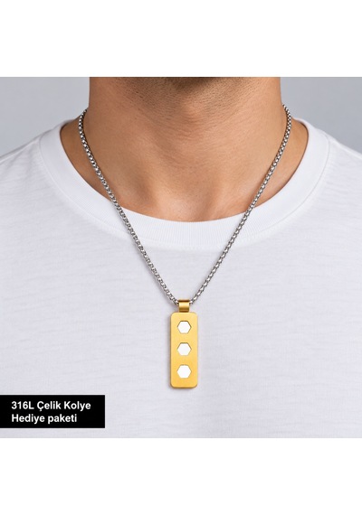 316l Çelik Erkek Kolye Üçlü Altıgen Kesim Gold Plaka Uçlu 70 Cm Zincirli Kolye Altın - Gümüş