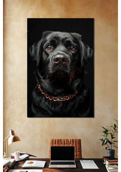 Siyah Köpek Baskılı Cam Tablo Gold Zincir Detaylı Modern Hayvan Temalı Duvar Dekoru