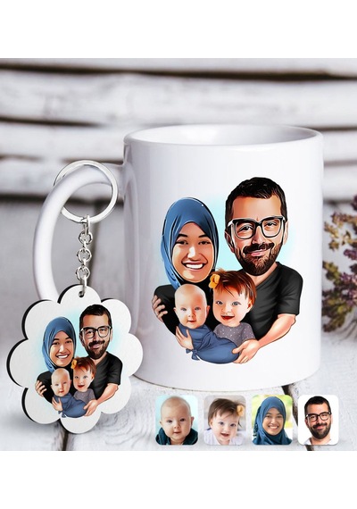 Kişiye Özel Tesettürlü Aile Karikatürlü Beyaz Kupa Ve Anahtarlık N11.836