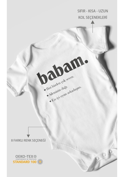 Babam Baskılı Bebek Zıbını Çıtçıtlı Body 8 Renk %100 Pamuk Kısa Kol Beyaz