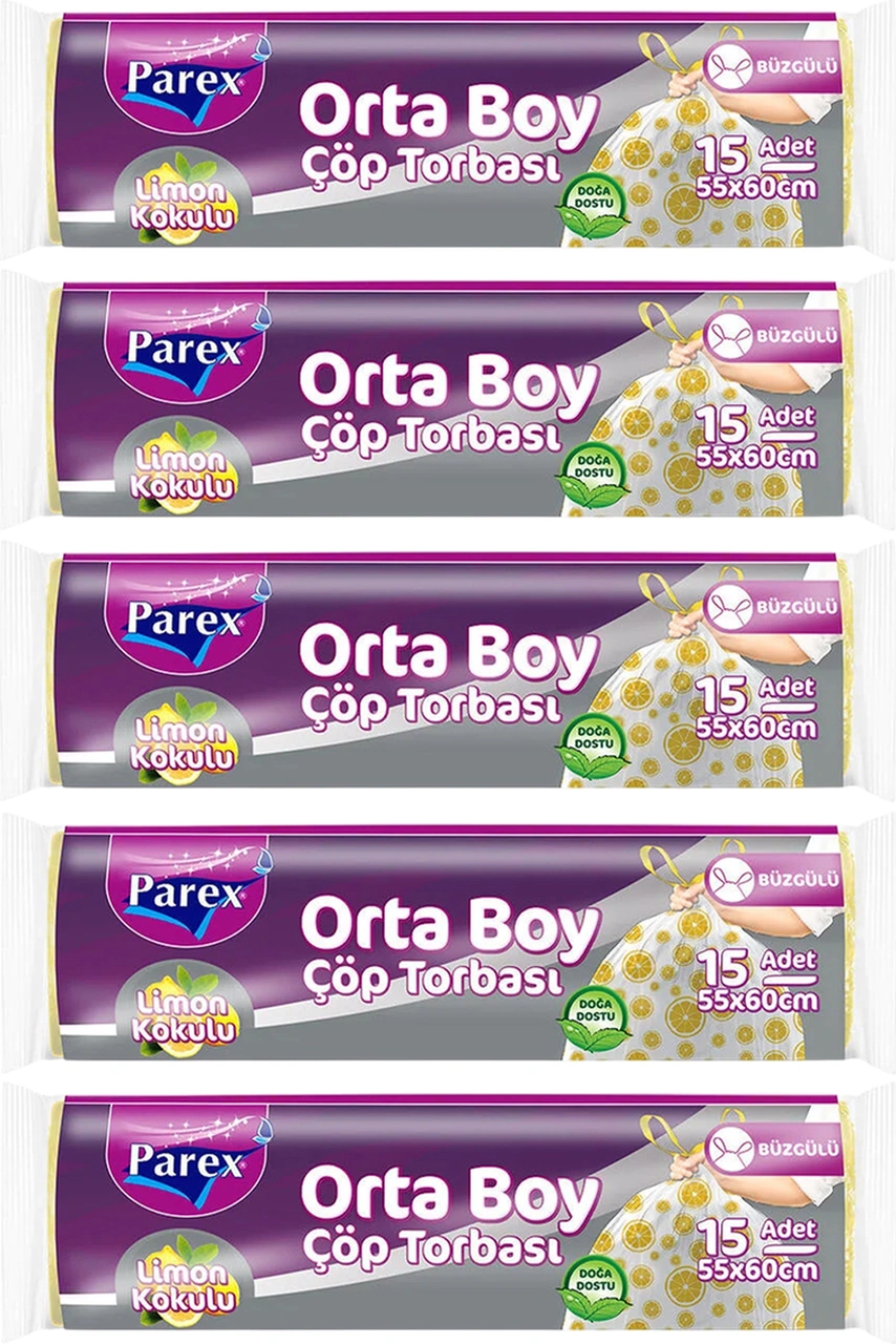 Premium Büzgülü Çöp Torbası Limon Kokulu 15'li Orta Boy 55 X 60 Cm Beşli Paket