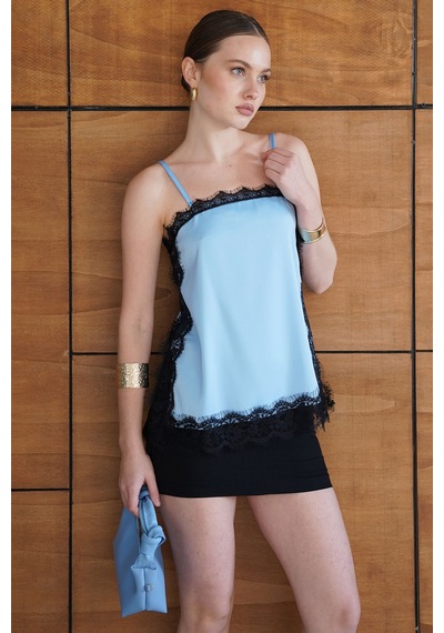 Verymoda Dantel Detaylı Askılı Saten Tunik - D2931 Mavi
