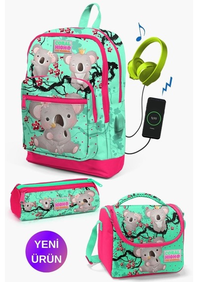 Su Yeşili Neon Mercan Koala Desenli Coral High Kids Usb'li 3 Lü Okul Çanta Seti Goset0123813