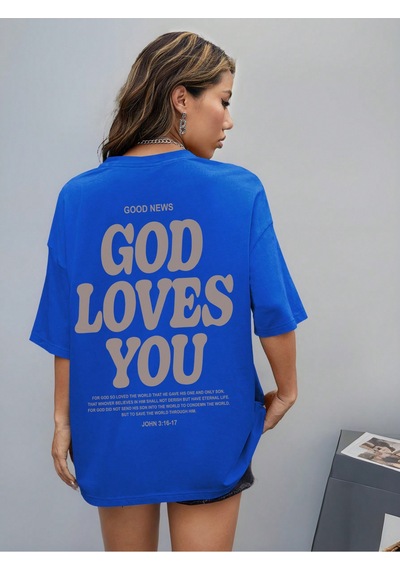 Uyguntarz Good Loves You Baskılı Unisex Oversize Tshirt Mavi