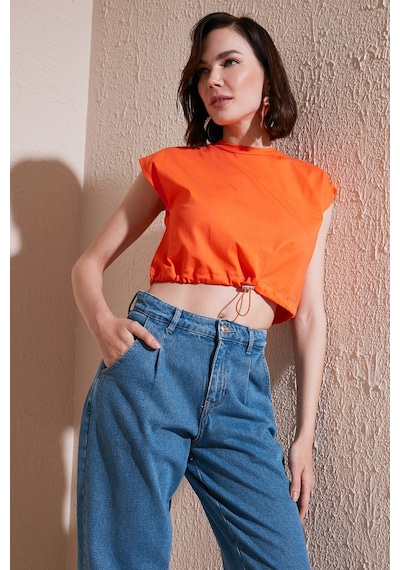 Lela Bisiklet Yaka % 100 Pamuk Crop Bayan T Shirt 5865587 Oranj