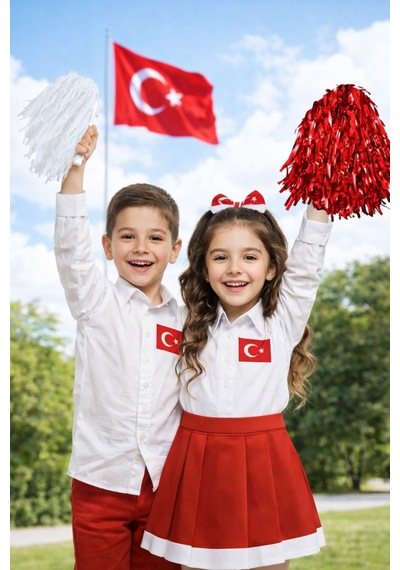 2'li Kırmızı Beyaz Renkli 23 Nisan Ponponu Amigo Gösteri Okul Ponpon 19 Mayıs Metalik Renk Saplı Süs Tüm Yaşlar