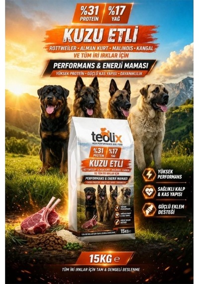 Teolix Kuzu Etli Köpek Maması 15 Kg %31 Protein %17 Yağ İri Irklar İçin Enerji Maması
