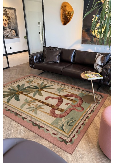Palm 304 Yeşil Pembe Palmiye Doğa Desenli Yıkanabilir Modern Mutfak Ev Oda Salon Oturma Odası Halısı Pembe Yeşil 4